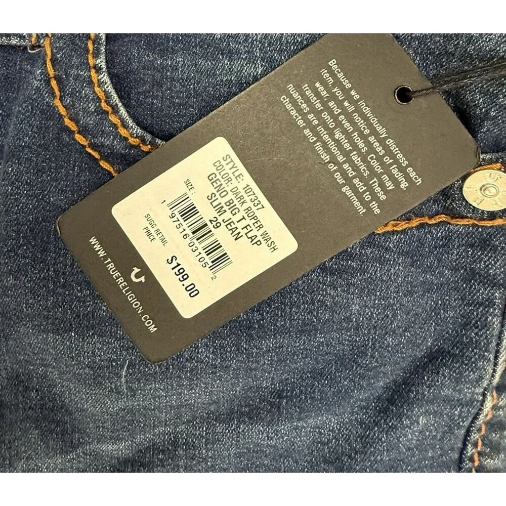 True Religion NEW Geno Big T Flap Slim Jean Men 29 Dark Roper Wash $199 Stretch